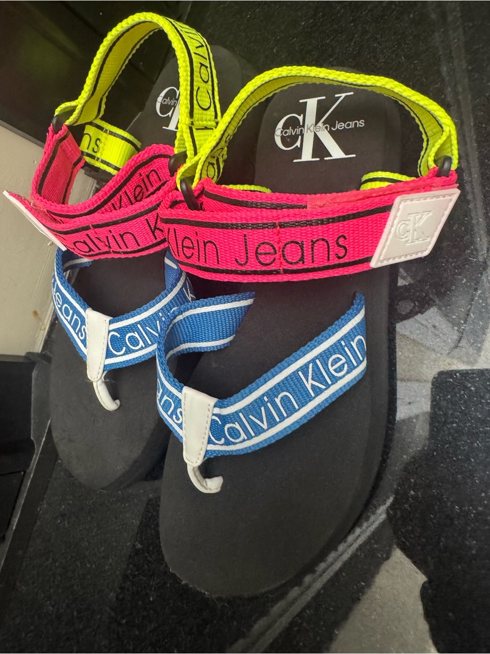 Calvin Klein Logo Strap Sandals Blue, Pink, Neon Yellow Size 8.5 - New - Picture 5 of 11